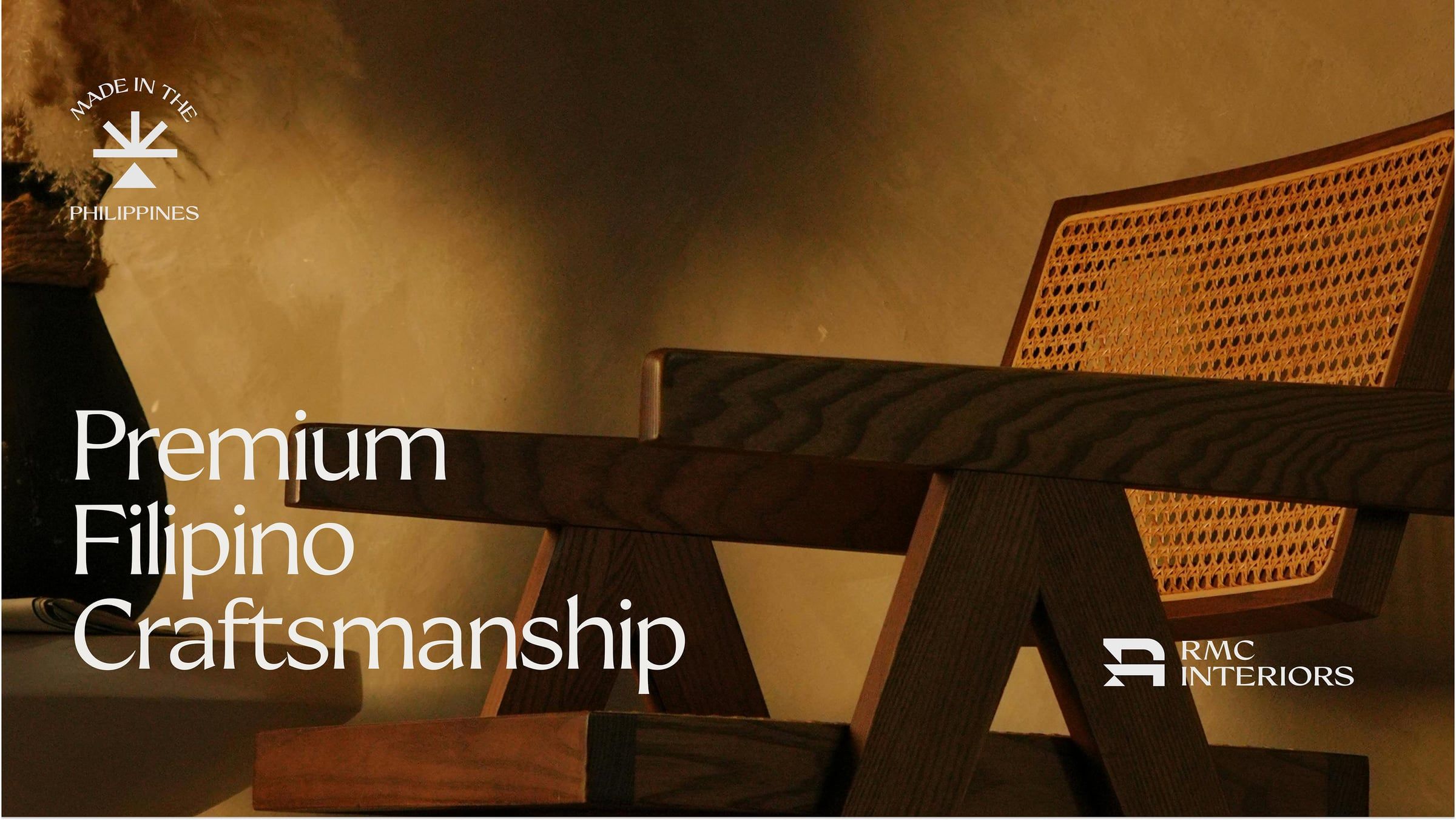 RMC Interiors brand cover: a rattan lounge chair in warm light with the line Premium Filipino Craftsmanship