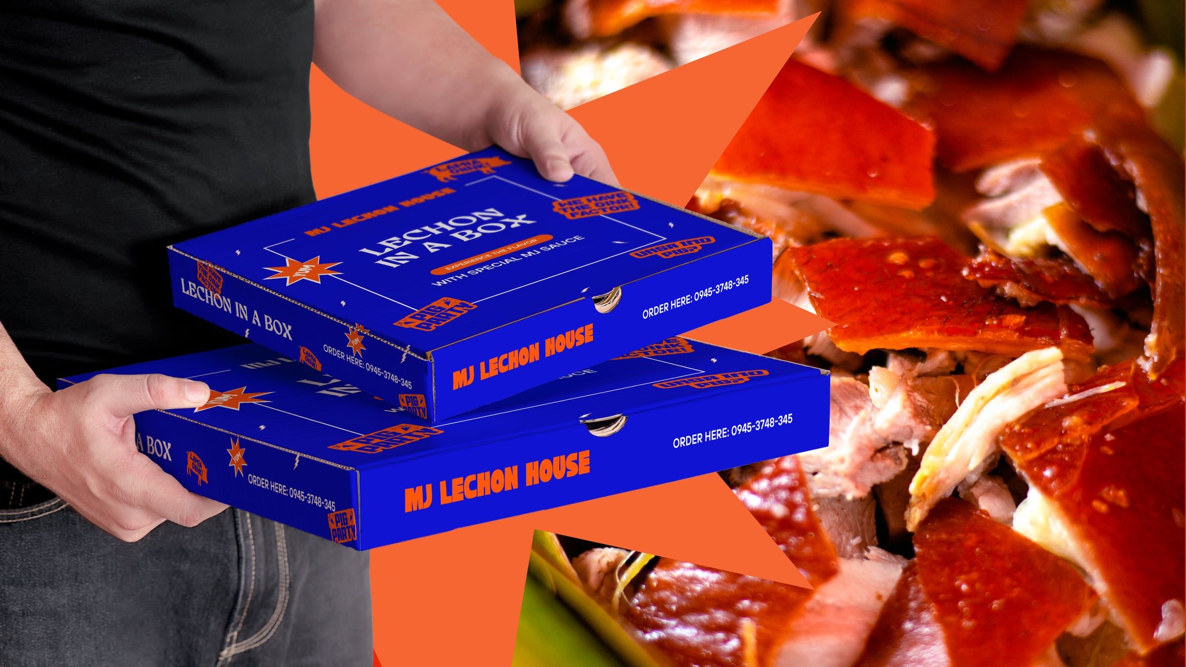 Hands holding blue MJ Lechon House boxes over chopped lechon