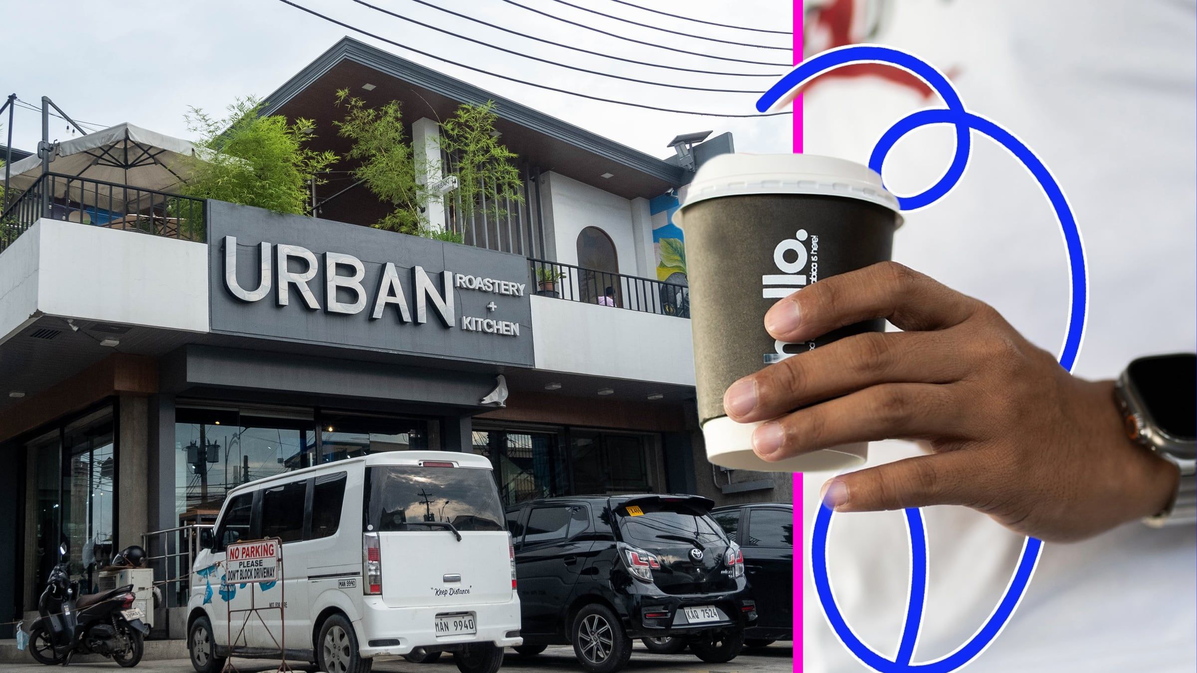 The Urban Roastery + Kitchen storefront with a branded cup