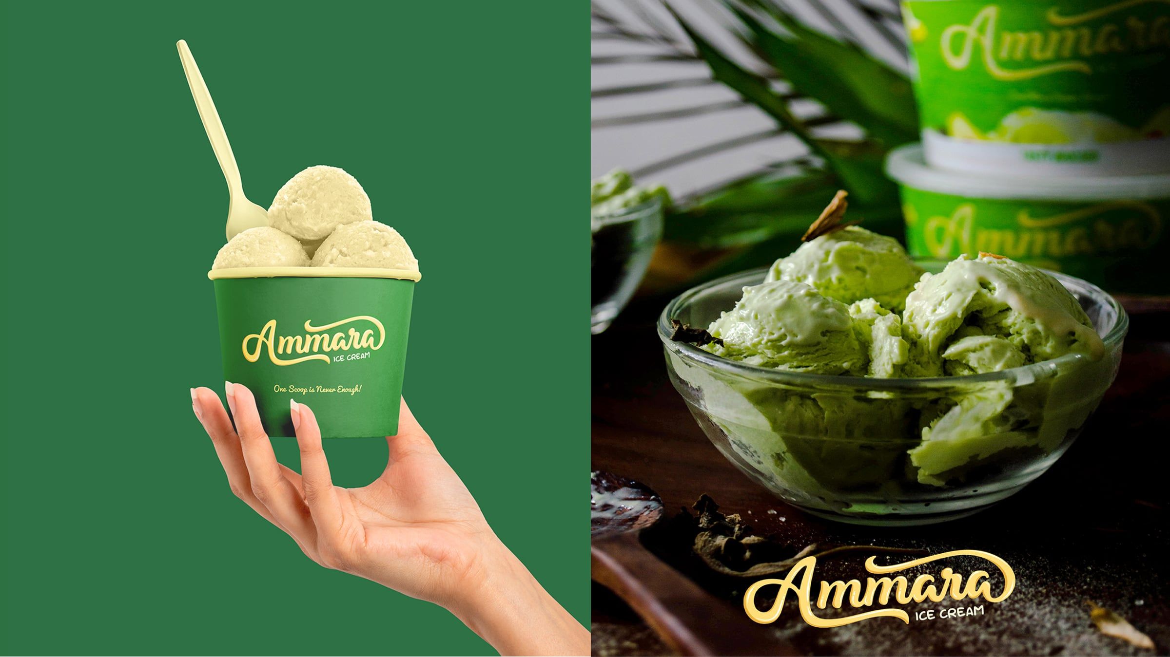 Avocado ice cream cup held up on green
