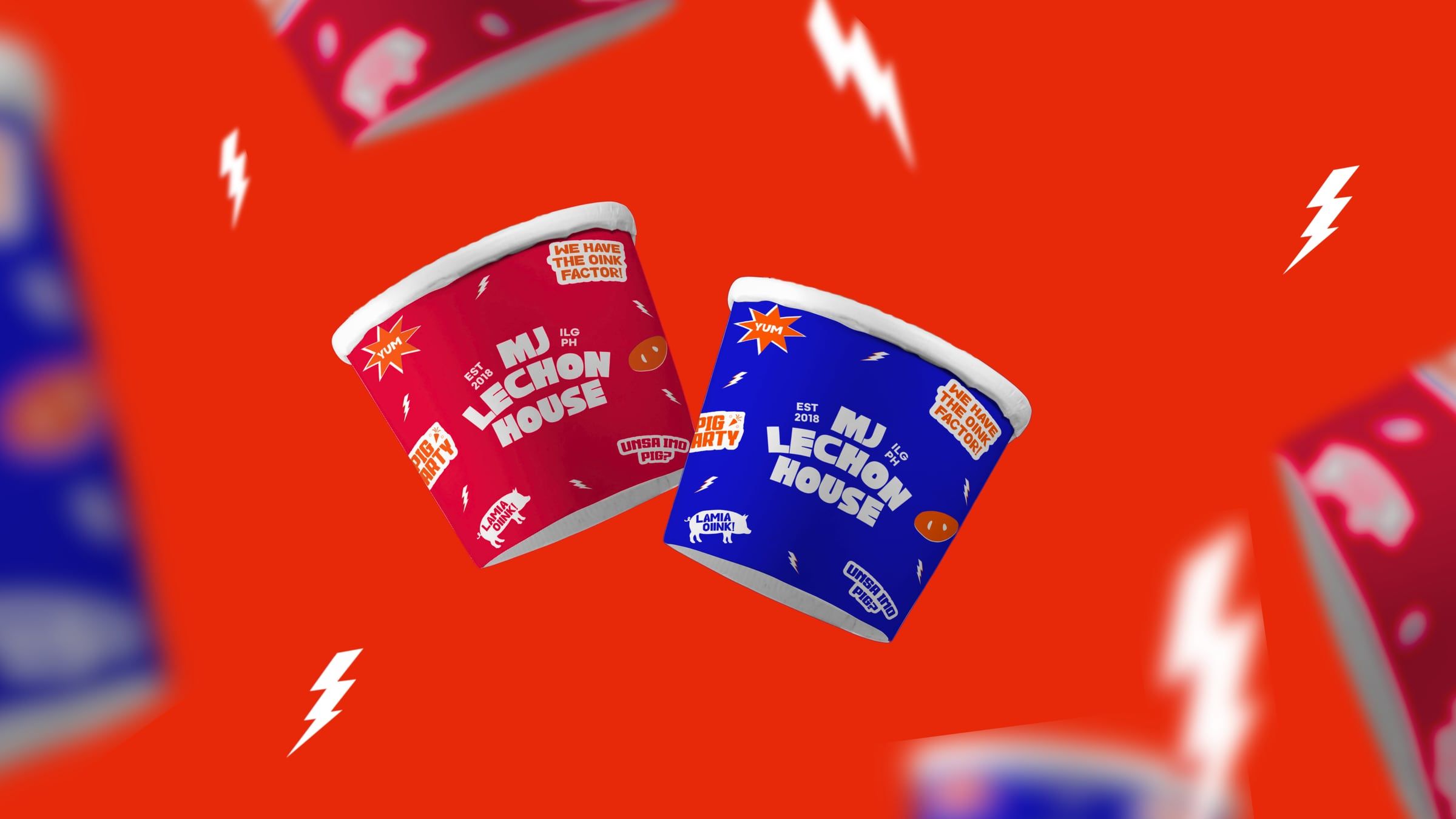MJ Lechon House cups with lightning bolts on red