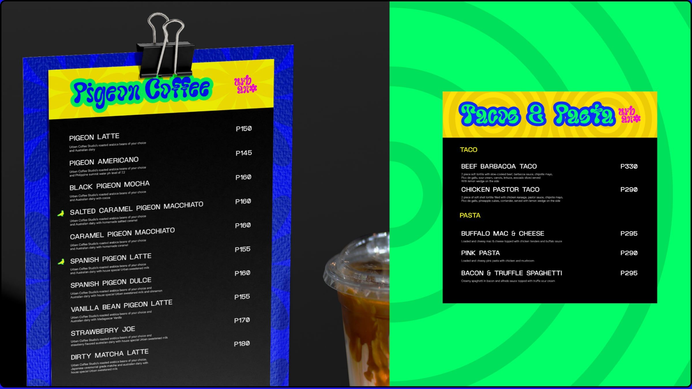 Pigeon Coffee and Tacos & Pasta menus